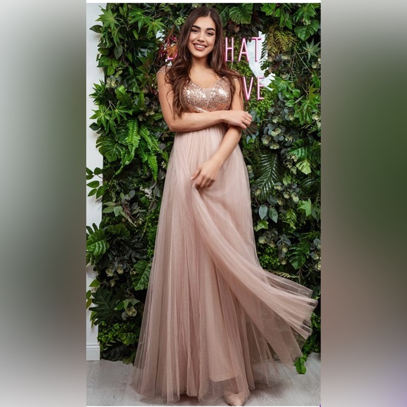 NWT Shiny Sequin Bodice Off the Shoulder Maxi Tulle Evening Dress - Rose Gold - Picture 3 of 4